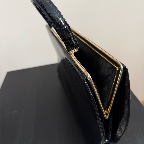 Vintage Black Croc Embossed Top Handle Clutch Prom Wedding